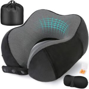 Cirorld Neck Pillow for Traveling, Travel Pillows for Airplanes,100% Pure Memory Foam Travel Neck Pillow, Adjustable Flight Pillow, Portable Plane Accessories with Eye Mask, Earplugs, Carry Bag