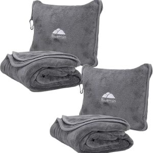 BlueHills 2-Pack Premium Soft Travel Blanket Pillow Airplane Blanket in Soft Bag Pillowcase with Hand Luggage Belt and Backpack Clip, Compact Pack Large Blankets for Any Travel (Grey Gray T013)