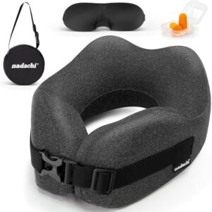 nadachi Neck Pillow Airplane Travel Set - Pure Memory Foam Travel Neck Pillow, Plane Pillow for Long Flights Essentials, Sleeping with 3D Contoured Eye Mask, Earplugs, Portable Bag (Darkgray-M)