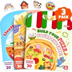 JoyCat Reusable Sticker Book Set (3-Pack): Farm, Pizza-Making, Weather - 90 Pcs Stickers for Toddlers, Kids Sticker Activity Book, Road Trip Travel Toys, Birthday Gifts for Boys and Girls