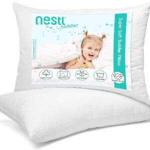 Nestl 2 Pack Toddler Pillow for Sleeping 13 x 18, Small Kids Pillow for Travel, Car, School, Nap, & Toddler Bed, Machine Washable Soft Cotton Child 2 Year Old and Up - White
