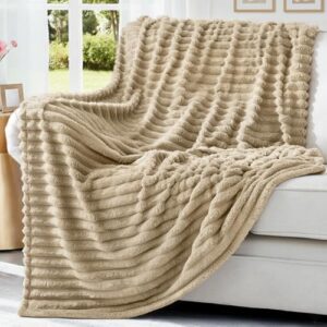 decorUhome Soft Fleece Light Brown Throw Blanket for Couch, Cozy Fluffy Plush Flannel Striped Blanket for Sofa Bed, Lightweight Decorative Ribbed Fuzzy Blanket for Woman, 50x60 Inches