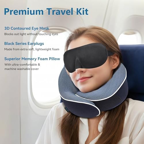 Proglobe Orthopedic Neck Pillow Travel Neck Pillows for Airplanes, Memory Foam Kit, Updated Resting Material, Airplane Travel Set with 3D Contoured Eye Masks, Earplugs, and Luxury Mesh Bag (Blue) - Image 2