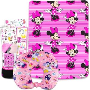 Disney Minnie Mouse Travel Blanket and Pillow Set - Bundle with 45"x 50" Throw Blanket, Neck Pillow, Stickers, More | Minnie Mouse Travel Accessories for Kids, Girls