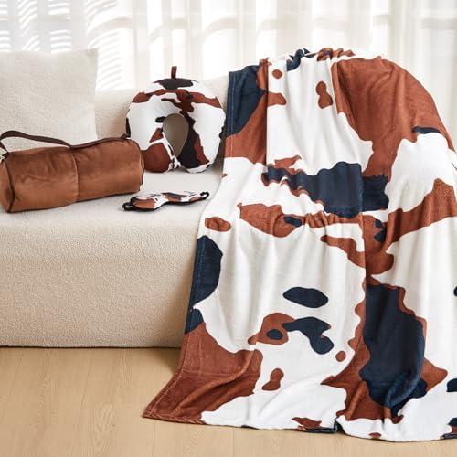 HunnmingRe 5 Pcs Travel Pillow and Blanket Set, 5 in 1 Travel Airplane Compact Includes 40 x 60 Inch Throw Blanket Eye Mask Neck Pillow Earplug and Bag Gifts for Travelers Women(Cow Print,Brown) - Image 5