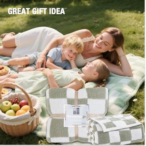 WRENSONGE Checkered Throw Blanket, Sage Green Soft Cozy Fluffy Hand Made Throw Blankets for Couch, Sofa, Chair, Bed, Camping, Picnic, Travel Lightweight Bed Blankets for Women Mothers Birthday Gifts - Image 7