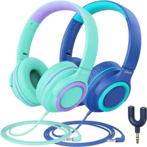 iClever 2Pack Kids Headphones with Sharing Splitter - 85dBA Safe Volume Limited - HS22 Wired Headphones for Kids Teens, Tangle-Free 3.5mm Jack Foldable Stereo for School/Tablet/Travel