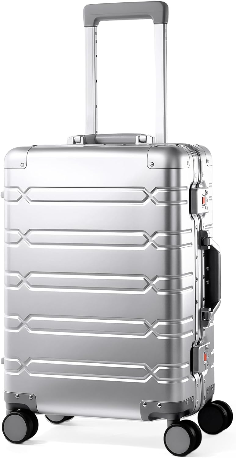 All Aluminum Carry On Luggage 22x14x9 Airline Approved,Zipperless Luggage Premium Aluminum Suitcase Luggage, Hard Shell Carry On Luggage with Spinner Wheels (silver, 20inch)