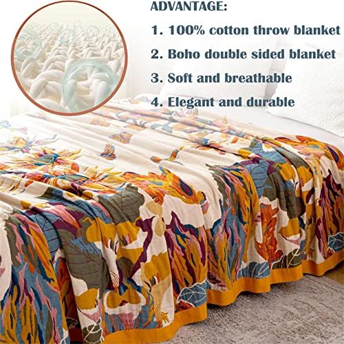 MSGKV Boho Throw Blanket 60''x80'',100% Cotton Blankets for Couch Bed,Cotton Quilt Travel Muslin Blankets Farmhouse Home Decor Soft Lightweight Picnic Blanket - Image 5