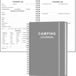 Heveboik Camping Journal and RV Travel Log Book - A5 Outdoor Camp & Adventure Journal for 25 Camping, Hiking Journal, Family Travel Books Camper Essentials Camping, 5.8" x 8.5", Grey