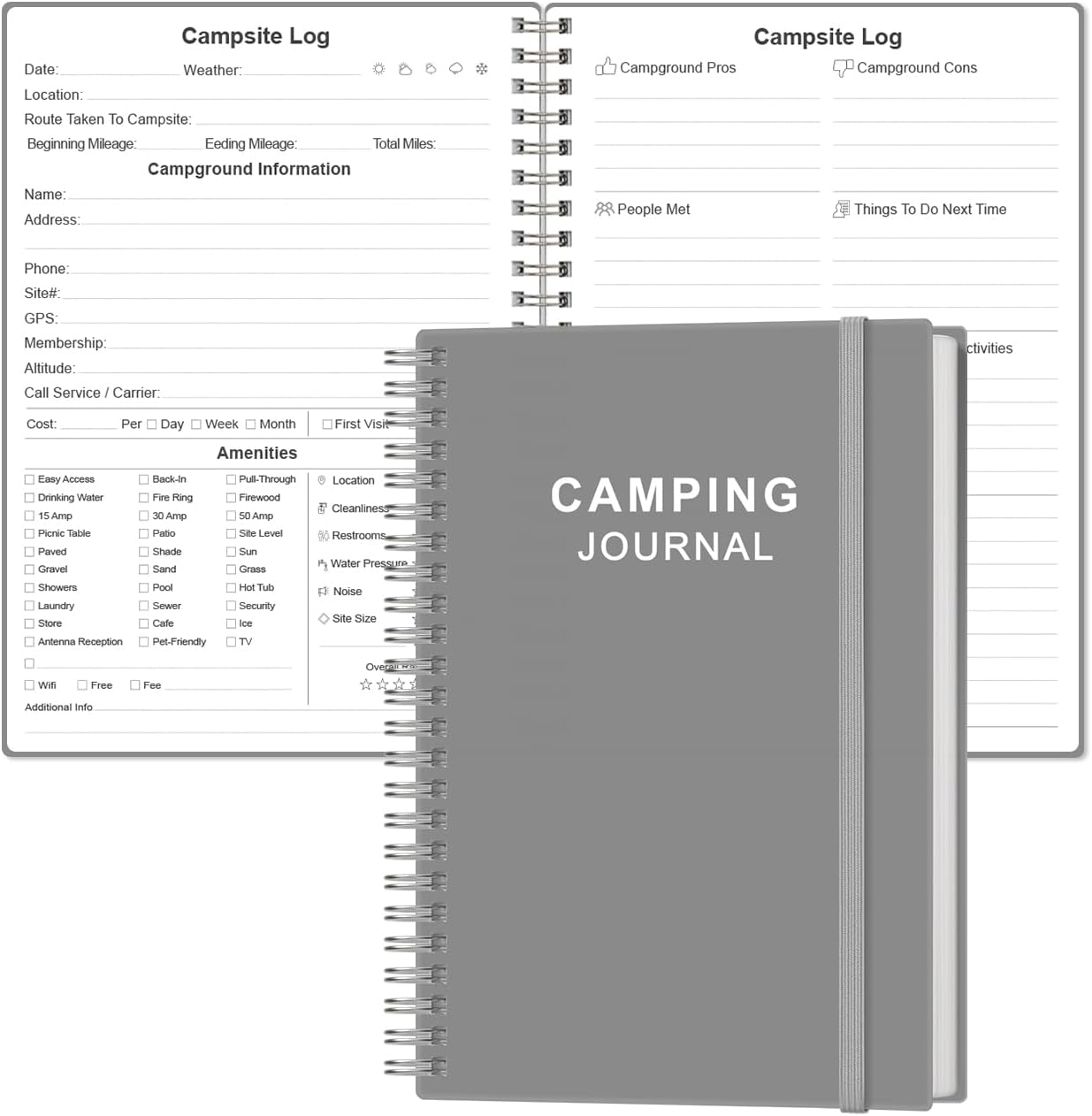 Heveboik Camping Journal and RV Travel Log Book - A5 Outdoor Camp & Adventure Journal for 25 Camping, Hiking Journal, Family Travel Books Camper Essentials Camping, 5.8" x 8.5", Grey