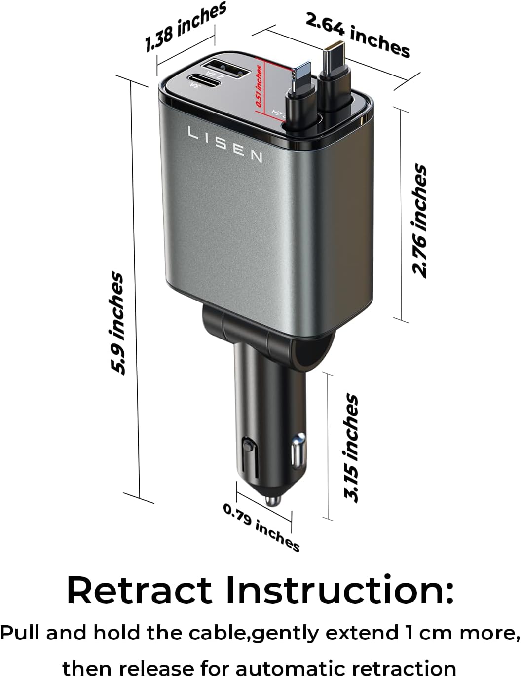 LISEN Retractable Car Charger, 69W Cars Adapter USB C Fast Charger for iPhone 17 Pro Max, Car Accessories for Valentines Day Gifts for him Her Birthday Gifts for Men Women 2026 Tech Gadgets for Men - Image 9