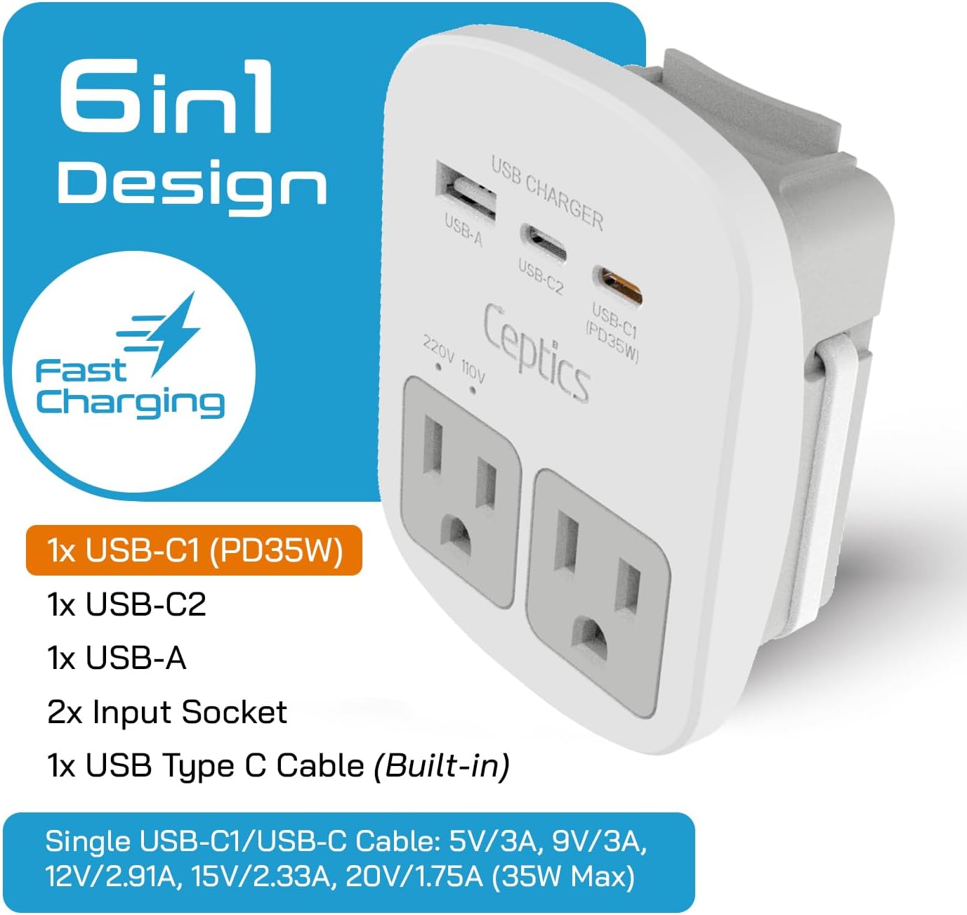 Ceptics 35W Universal Travel Adapter Kit – 2 USA sockets, USB-A, USBC, 1x PD 35W USB-C and USBC Cable, Surge Protected, Plugs for EU, UK, China, AU, Japan - for Laptop, Phone, Camera-ETL Tested - Image 2