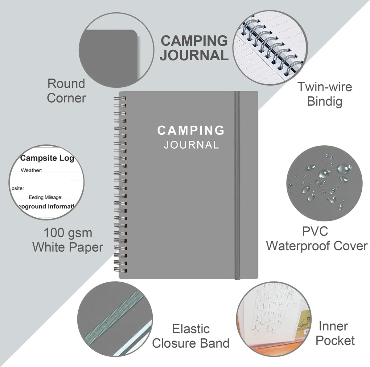 Heveboik Camping Journal and RV Travel Log Book - A5 Outdoor Camp & Adventure Journal for 25 Camping, Hiking Journal, Family Travel Books Camper Essentials Camping, 5.8" x 8.5", Grey - Image 2