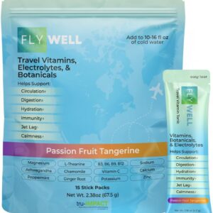 Travel Vitamin Tonic for Flight, Jet Lag, Hydration, Circulation, Digestion & Immune Support, Promotes Calmness, Electrolyte Powder, Travel Essentials, Passion Fruit Tangerine, 15 Sticks