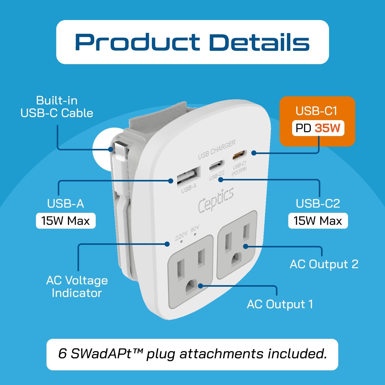 Ceptics 35W Universal Travel Adapter Kit – 2 USA sockets, USB-A, USBC, 1x PD 35W USB-C and USBC Cable, Surge Protected, Plugs for EU, UK, China, AU, Japan - for Laptop, Phone, Camera-ETL Tested - Image 3