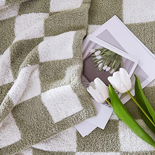 WRENSONGE Checkered Throw Blanket, Sage Green Soft Cozy Fluffy Hand Made Throw Blankets for Couch, Sofa, Chair, Bed, Camping, Picnic, Travel Lightweight Bed Blankets for Women Mothers Birthday Gifts - Image 5