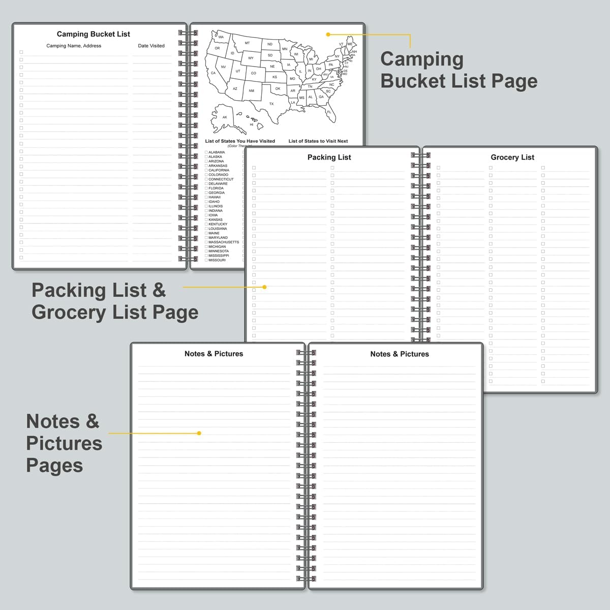 Heveboik Camping Journal and RV Travel Log Book - A5 Outdoor Camp & Adventure Journal for 25 Camping, Hiking Journal, Family Travel Books Camper Essentials Camping, 5.8" x 8.5", Grey - Image 4