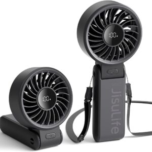 JISULIFE Handheld Fan Life7 – Ultimate Flexibility: High-Power Motor, LED Display, 19.5 Hrs Cooling, 5000mAh Rechargeable, 5-Speed, Foldable Design, 3-IN-1 Portable Fan for Travel Cruise Beach(Black)