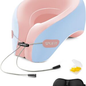 Travel Pillows for Airplanes, Neck Pillow Airplane, Airplane Travel Accessories with Eye Mask, Earplugs & Storage Bag, Memory Foam Neck Pillow for Sleeping, Flights, Cars, Office (Blue & Pink)