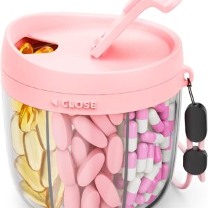 Cute Pill Dispenser with 7 Large Compartments, Portable Pill Bottle Organizer with Wide Opening for Easy Use, Anti-Mix Pill Organizer for Travel, BPA-Free Pill Container, Pink