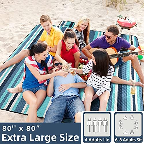 ZAZE Picnic Blankets Beach Blanket, 80''x80'' Extra Large Thick 3-Layers, Sandproof Machine Washable Waterproof Foldable Oversized XL Outdoor Mat, for Camping, Park, Travel, Grass(Blue White Stripe) - Image 2