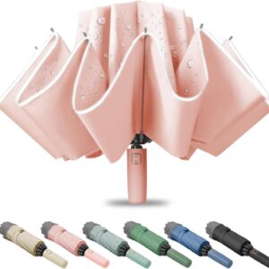 Large Windproof Travel Umbrella, Portable Reverse Folding Car Umbrella, Compact Inverted Design with Waterproof Canopy, Automatic, 10 Durable Ribs, 45.6/13 Inch, Fits Backpack