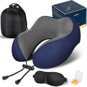 MLVOC Travel Pillow 100% Pure Memory Foam Neck Pillow, Comfortable & Breathable Cover, Machine Washable, Airplane Travel Kit with 3D Contoured Eye Masks, Earplugs, and Luxury Bag, Standard (Blue)