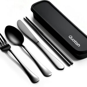 Travel Utensils with Case, Quatish 5 Piece Stainless Steel Silverware Set for Work, Portable Reusable Travel Cutlery Set, Fork and Spoon Set for Picnic, Camping, Gadgets, Lunch Box for Men, Black