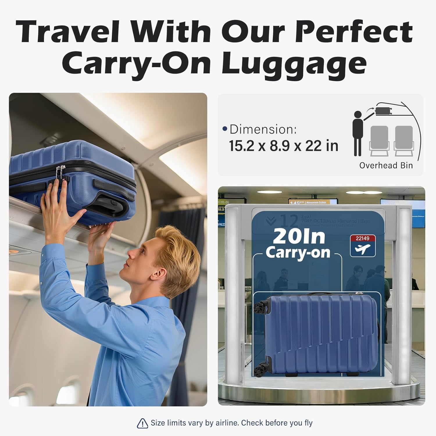 Coolife Carry On Luggage Airline Approved with Wheels Hard Shell Suitcase Spinner TSA Lock Telescopic Handle 20-inch,Blue - Image 2