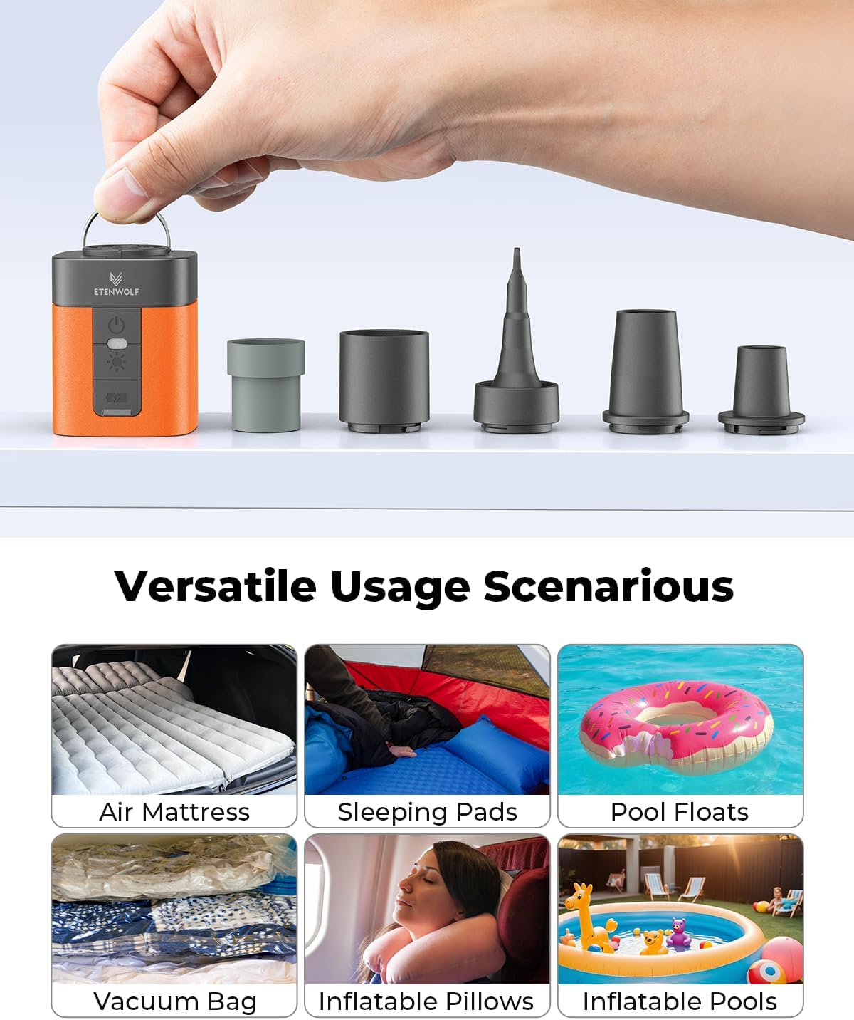 ETENWOLF AIR 3 Air Pump for Inflatables with 2600 mAh Battery & Camping Light, Ultra-Fast and Mini Electric Air Pump, Inflate Deflate for Air Mattress, Pool Floats, Vacuum Storage Bags - Image 6