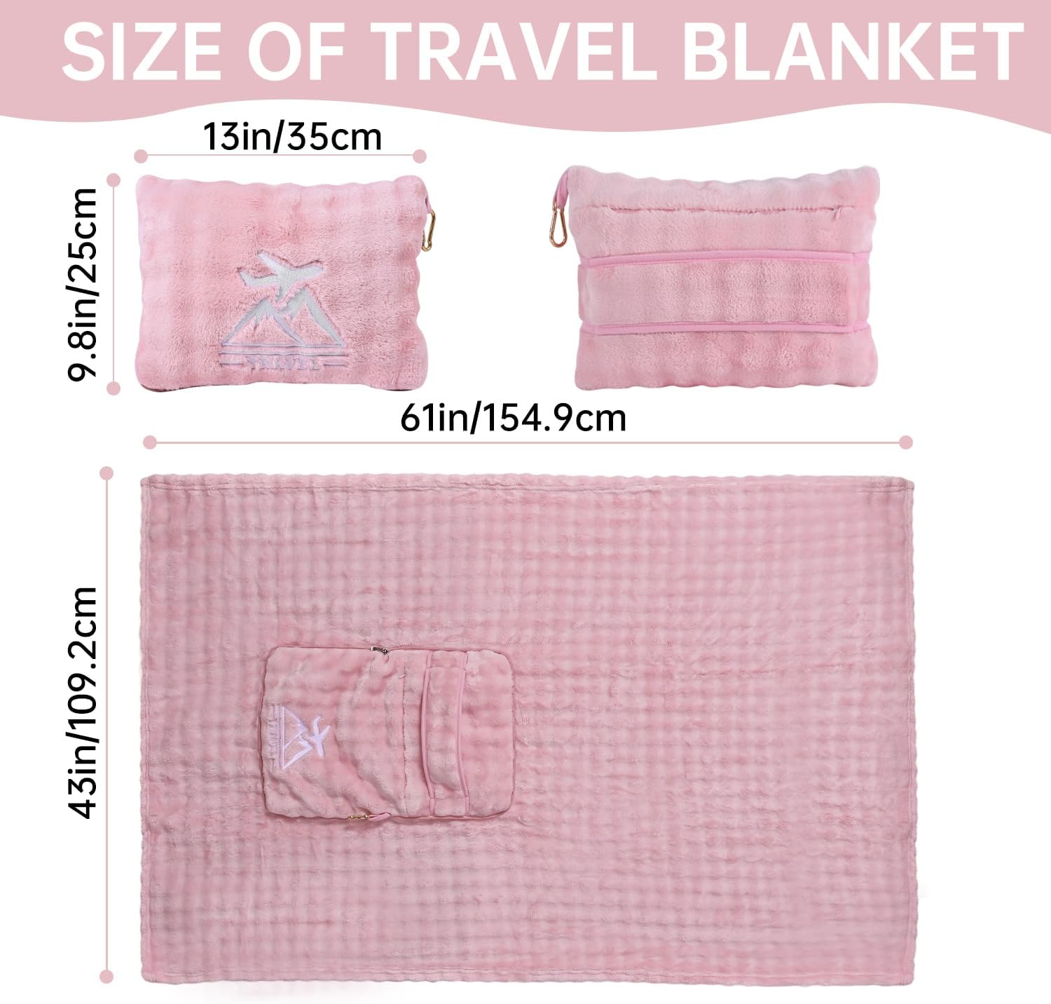 Travel Blanket and Pillow-2-in-1, Ultra-Soft&Compact, One-Piece Airplane Blanket with Hand Luggage Belt and Backpack Clip,Travelers Accessories Gifts, 61x43 Inches (Pink) - Image 6
