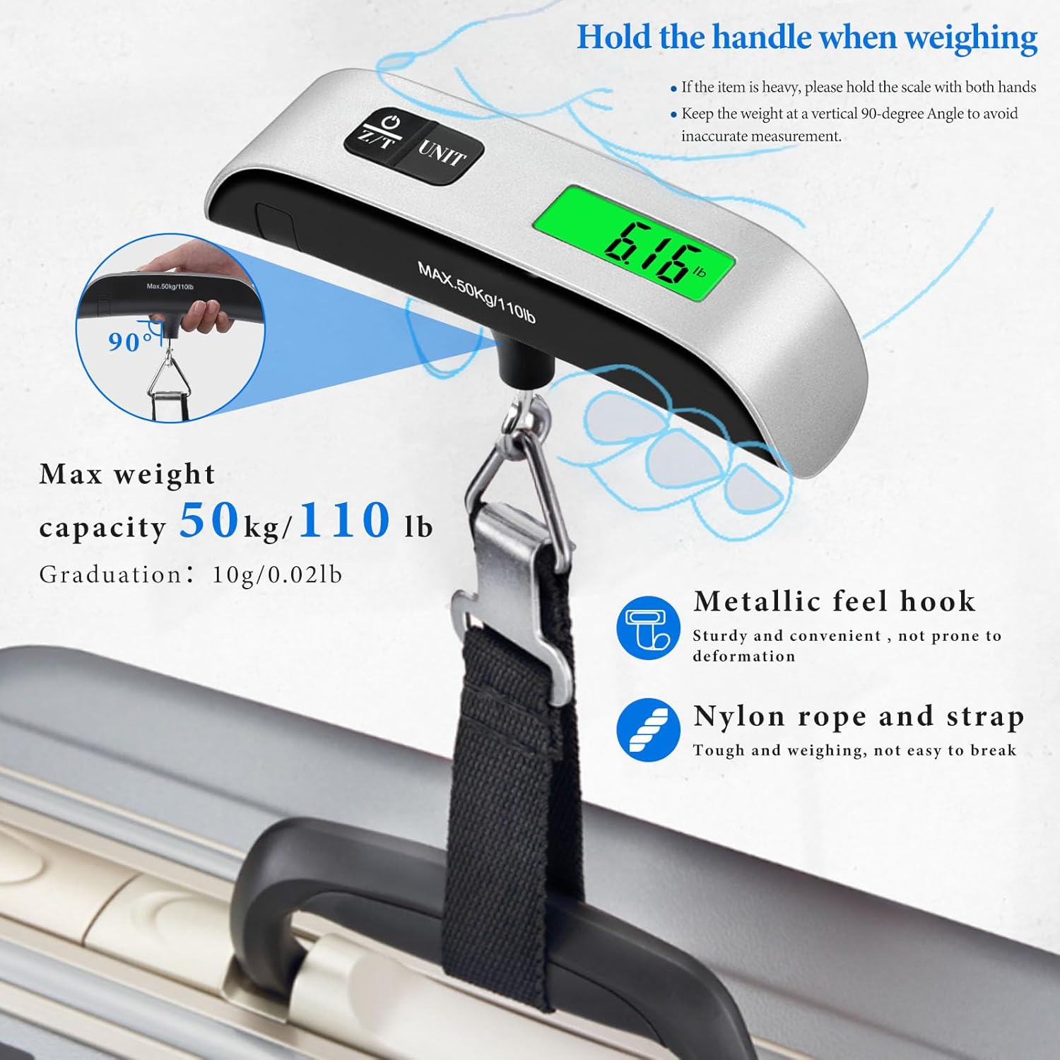 Luggage Scale, 110lb Luggage Weight Scale with 4 Unit Switching Functions&LED Display, Luggage Scale Travel Digital for Weighing Luggage, Backpacks, Packages and Markets - Image 4
