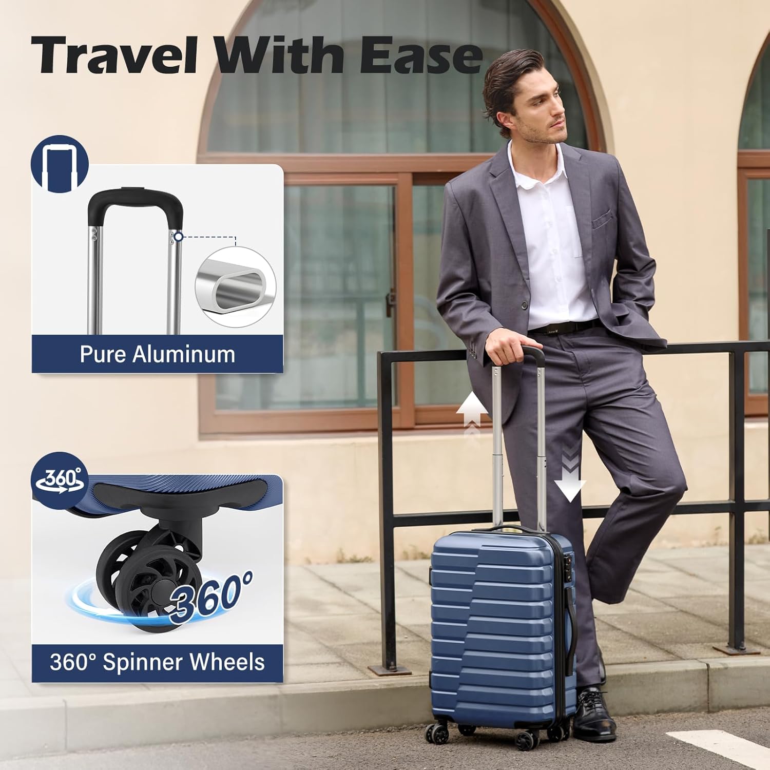 Coolife Carry On Luggage Airline Approved with Wheels Hard Shell Suitcase Spinner TSA Lock Telescopic Handle 20-inch,Blue - Image 4