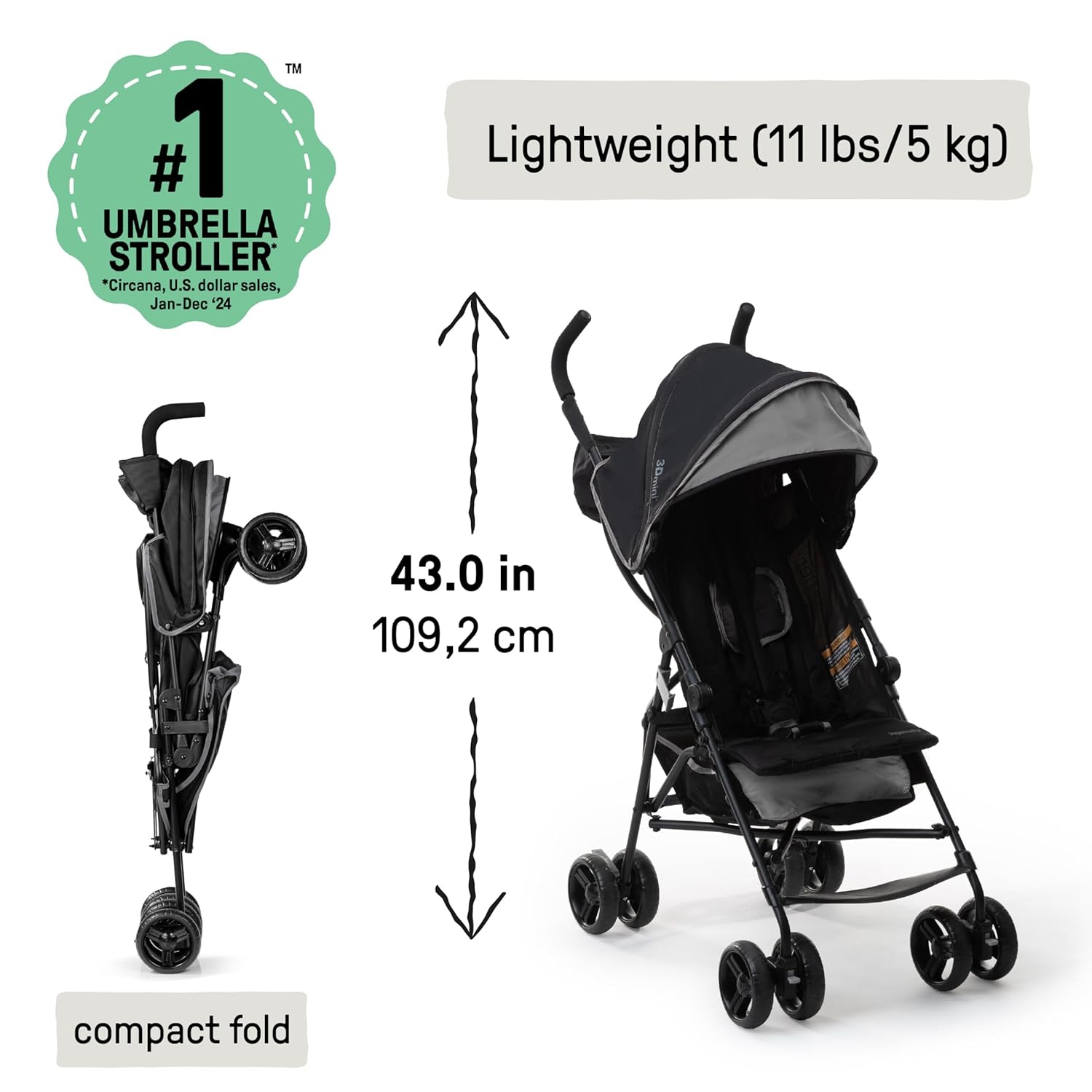 Ingenuity 3D Mini Convenience Stroller – Lightweight Stroller with Compact Fold, Multi-Position Recline, Canopy with Pop Out Sun Visor and More – Umbrella Stroller for Travel and More, Gray - Image 3