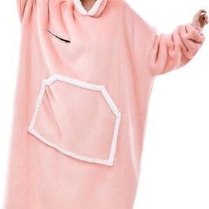 IFNOW Wearable Blanket Hoodie, Oversized Sherpa Fleece Hooded Sweatshirt with Eye Mask, Cozy and Giant Blanket Hoodie with Sleeves Extra Long for Adults Men Women, Pink