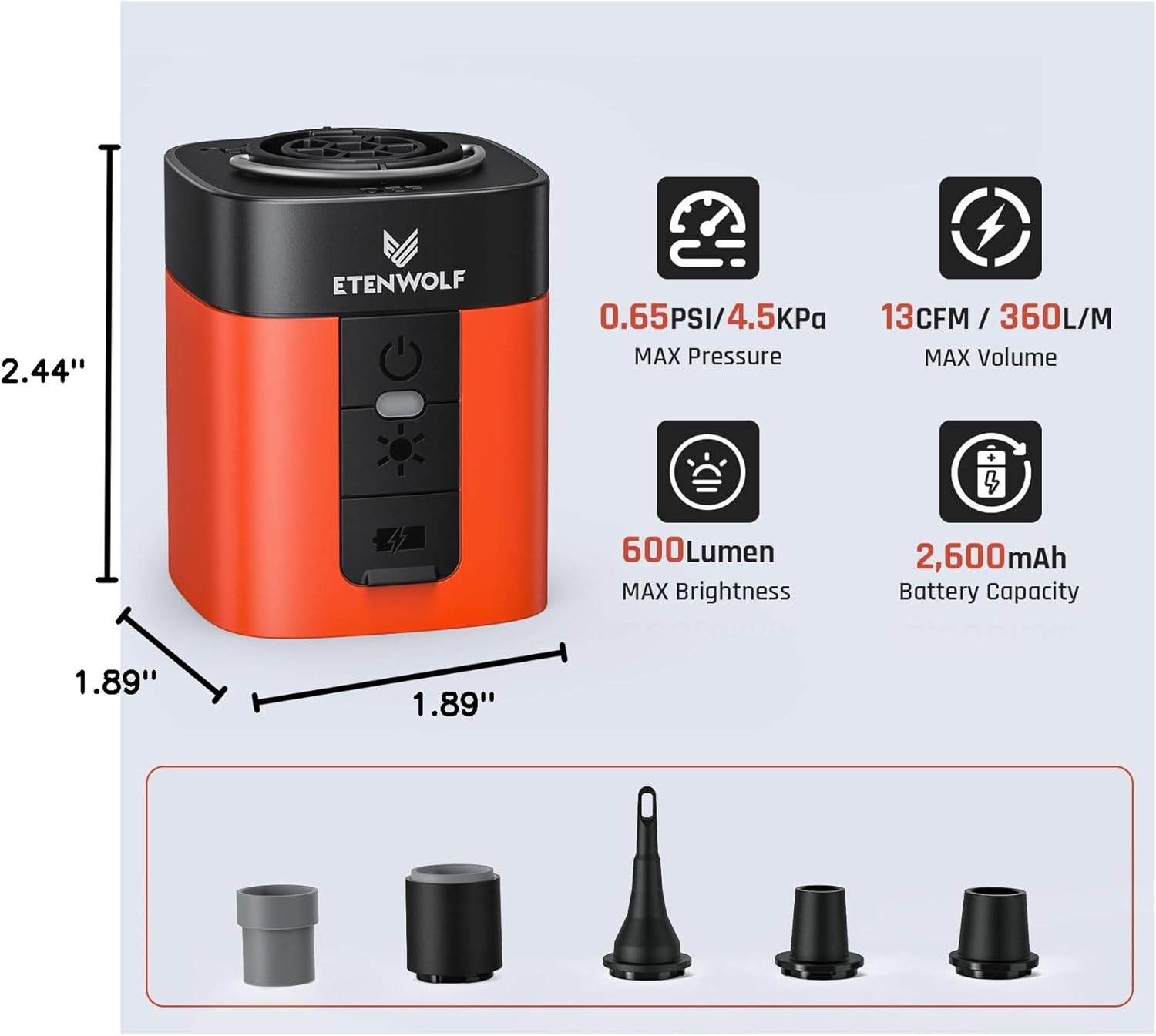 ETENWOLF AIR 3 Air Pump for Inflatables with 2600 mAh Battery & Camping Light, Ultra-Fast and Mini Electric Air Pump, Inflate Deflate for Air Mattress, Pool Floats, Vacuum Storage Bags - Image 7