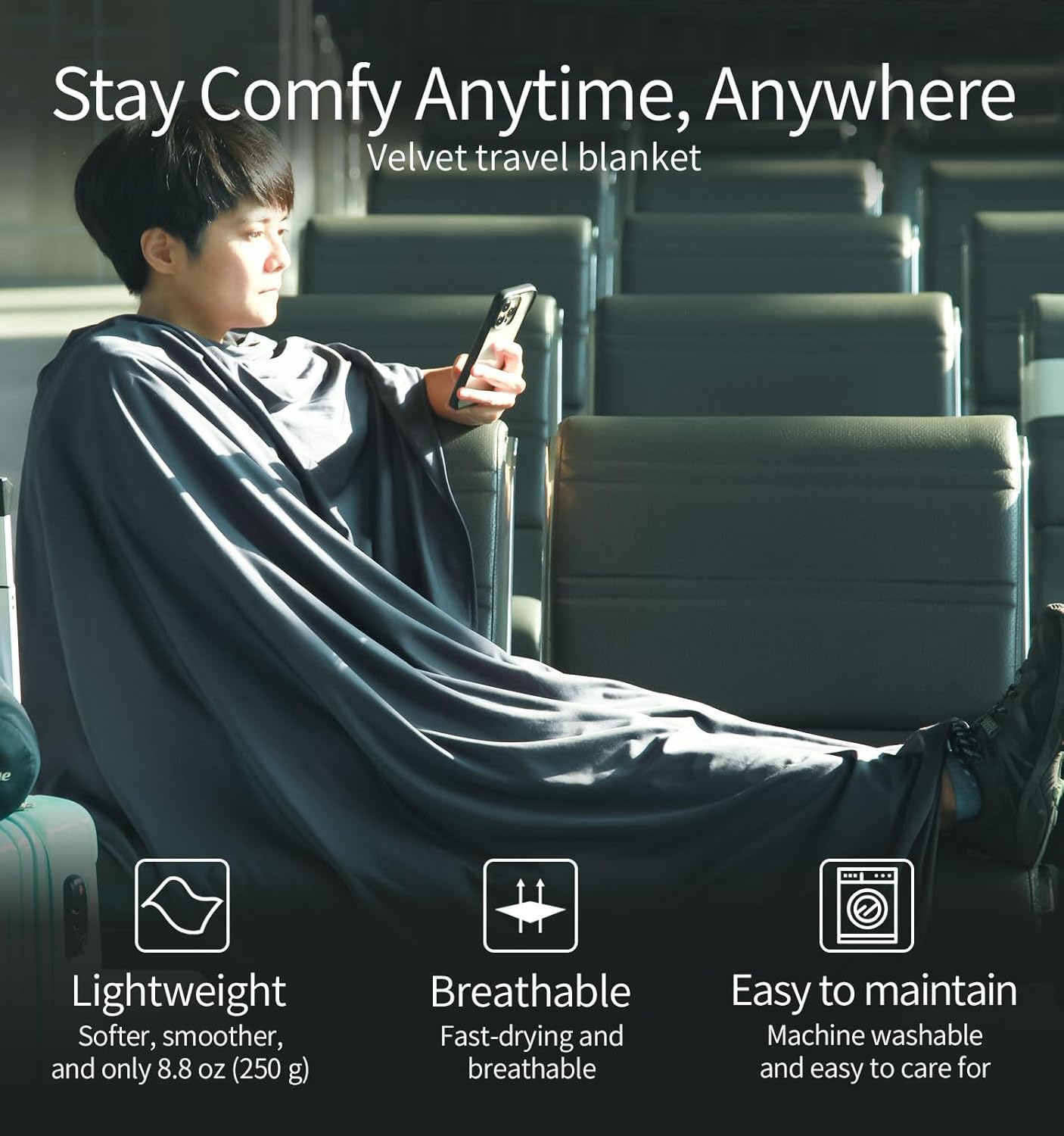 Litume Travel Blanket Lightweight and Breathable, 67 x 48 in Soft Airplane Flight Blanket for Travelers, Foldable Camping Sheet with Stuff Sack for Train, Camp, backpacking, office, home (Velvet E650) - Image 3