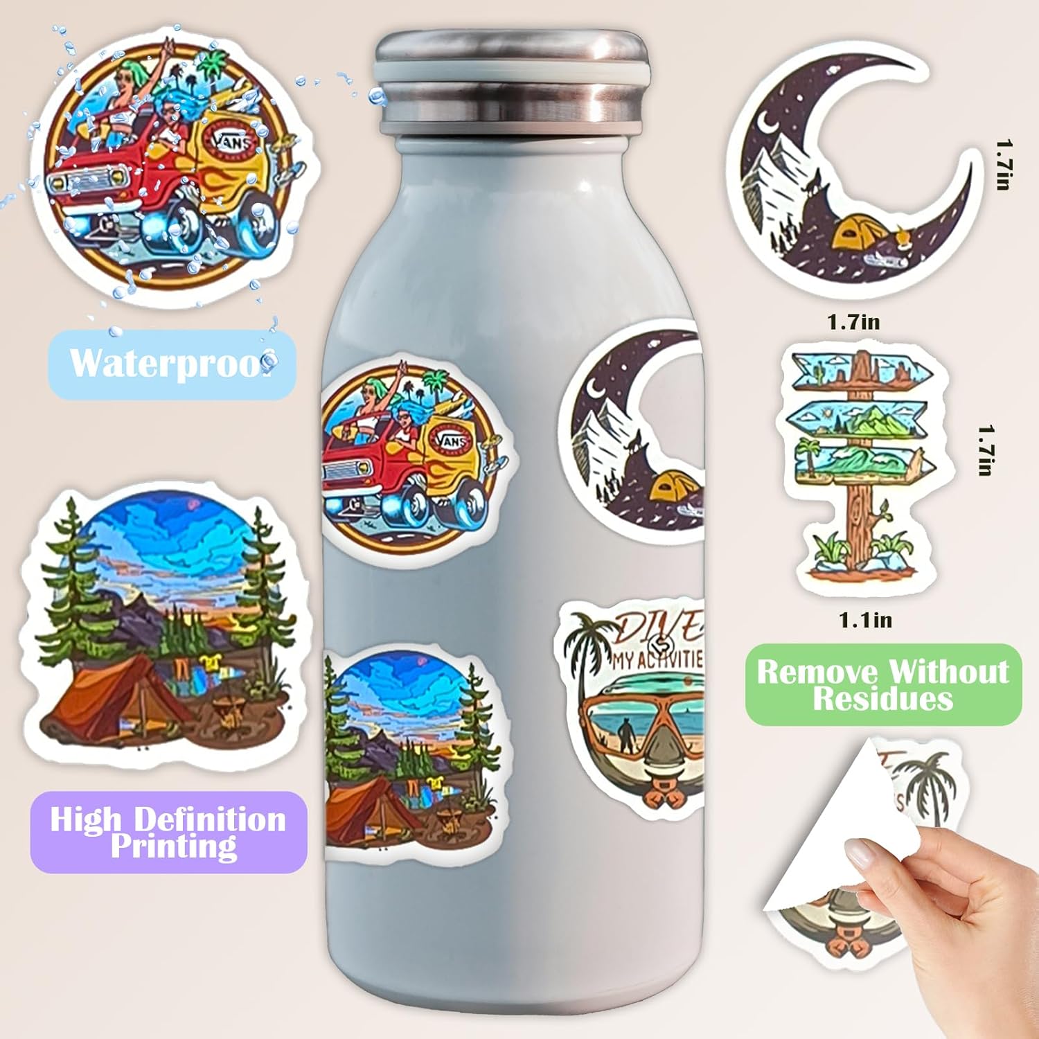 Camping Stickers - 100 pcs Bulk Waterproof Vinyl, Outdoor Travel, Hiking, Nature, Adventure Time Themes - for Scrapbooking, Luggage, Water Bottles, Journaling - Ideal for Adults, Kids, Teens - Image 2