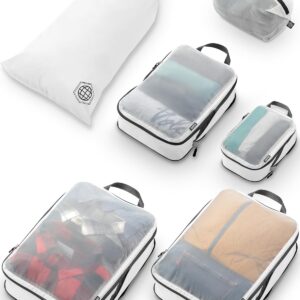 Large Packing Cube Set with See Through Mesh- Compression Packing Cubes Travel Organizers by TRIPPED Travel Gear (White)