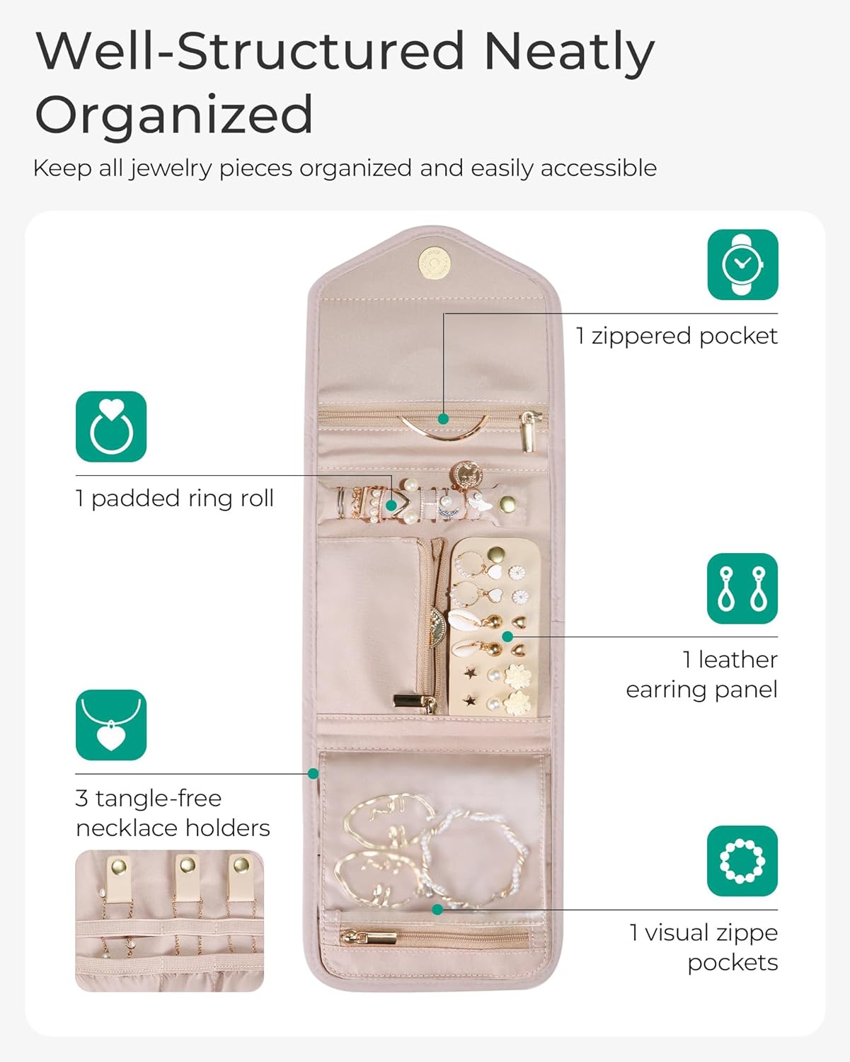 BAGSMART Travel Jewelry Organizer Case Foldable Small Jewelry Roll for Journey Rings, Necklaces, Earrings, Bracelets,Mini,Soft Pink - Image 3