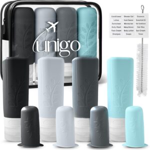 unigo Travel Bottles For Toiletries, 3 oz TSA Approved Containers, Travel Size Toiletries, Shampoo and Conditioner Bottles, Leak Proof and Refillable Bottles, BPA Free, Extra Bottle Covers (Gray)