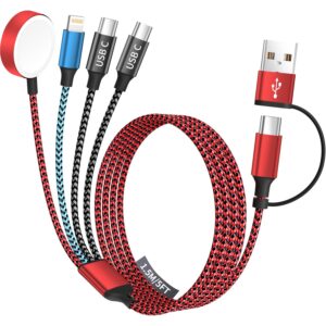 Dual Type-C Port 4in2 USB C Cable for Apple Watch Charger/iPhone 17 Charger/Lightning,Multi Charging Cable Cord for iWatch Charger,Charger for Multiple Devices Compatible with iWatch&iPhone 16-12 5FT
