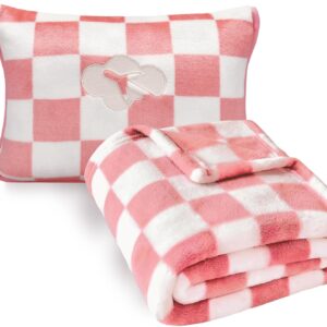 Travel Blanket and Pillow Compact, Premium Soft 2 in 1 Airplane Blanket with Soft Bag Pillowcase,Hand Luggage Sleeve and Backpack Clip (Ckeckered Pink)