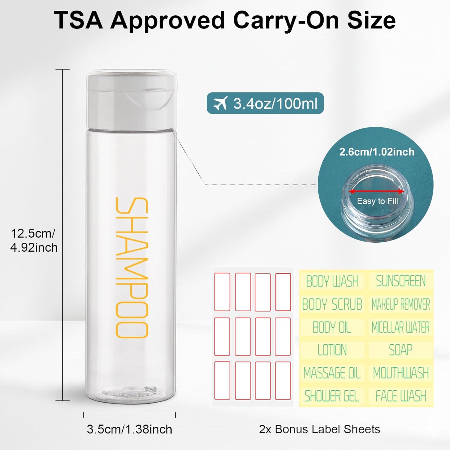 Cosywell Travel Bottles for Toiletries 5 Pack 3.4oz Pre-Printed Travel Size Containers TSA Approved Toiletry Bottles Wide Mouth Leak Proof Squeeze Bottle for Lotion Toothpaste(Clear) - Image 2