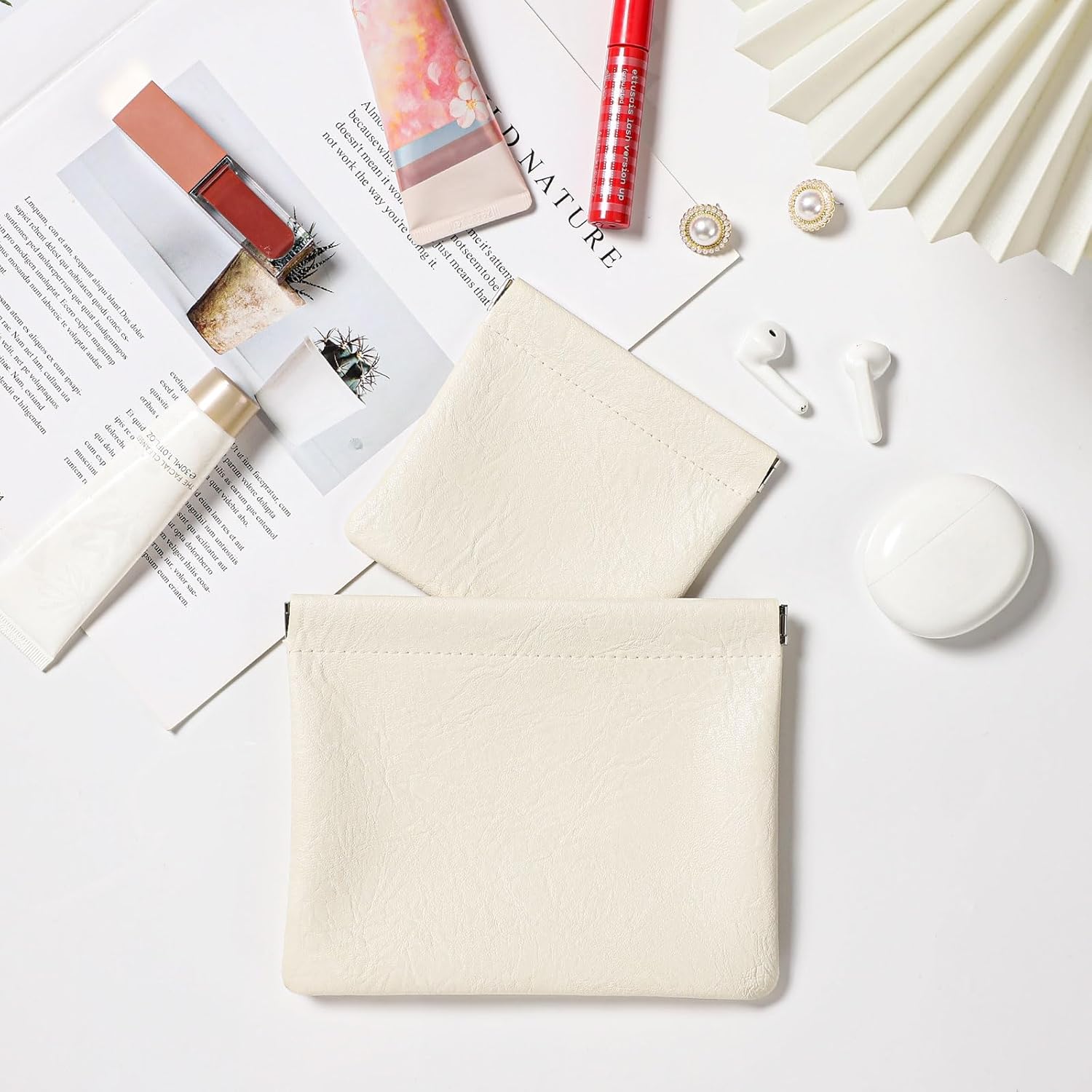 Sightor 2 PCS Small Makeup Bag for Women, Small Pouches for Purse Mini Cosmetic Bag Waterproof Pouch Travel Storage Bag for Cosmetics Headphones Jewelry Coins (Beige) - Image 2