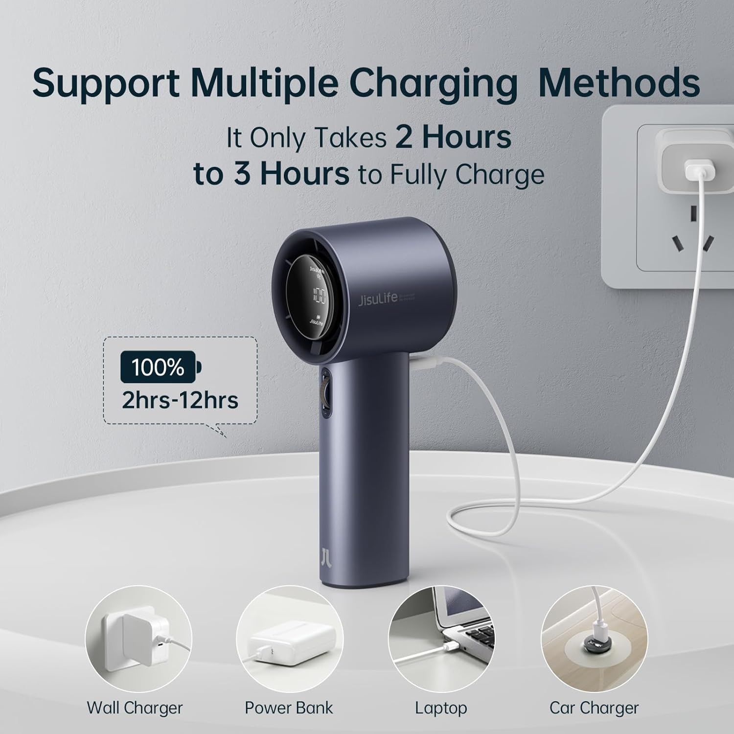 JISULIFE Portable Handheld Fan,Speed(1-100) Adjustable Turbo Mini and 3600mAh Battery Rechargeable Personal Fan,Digital Display,Gifts for Women Men Travel/Camping/Outdoor-Blue - Image 7