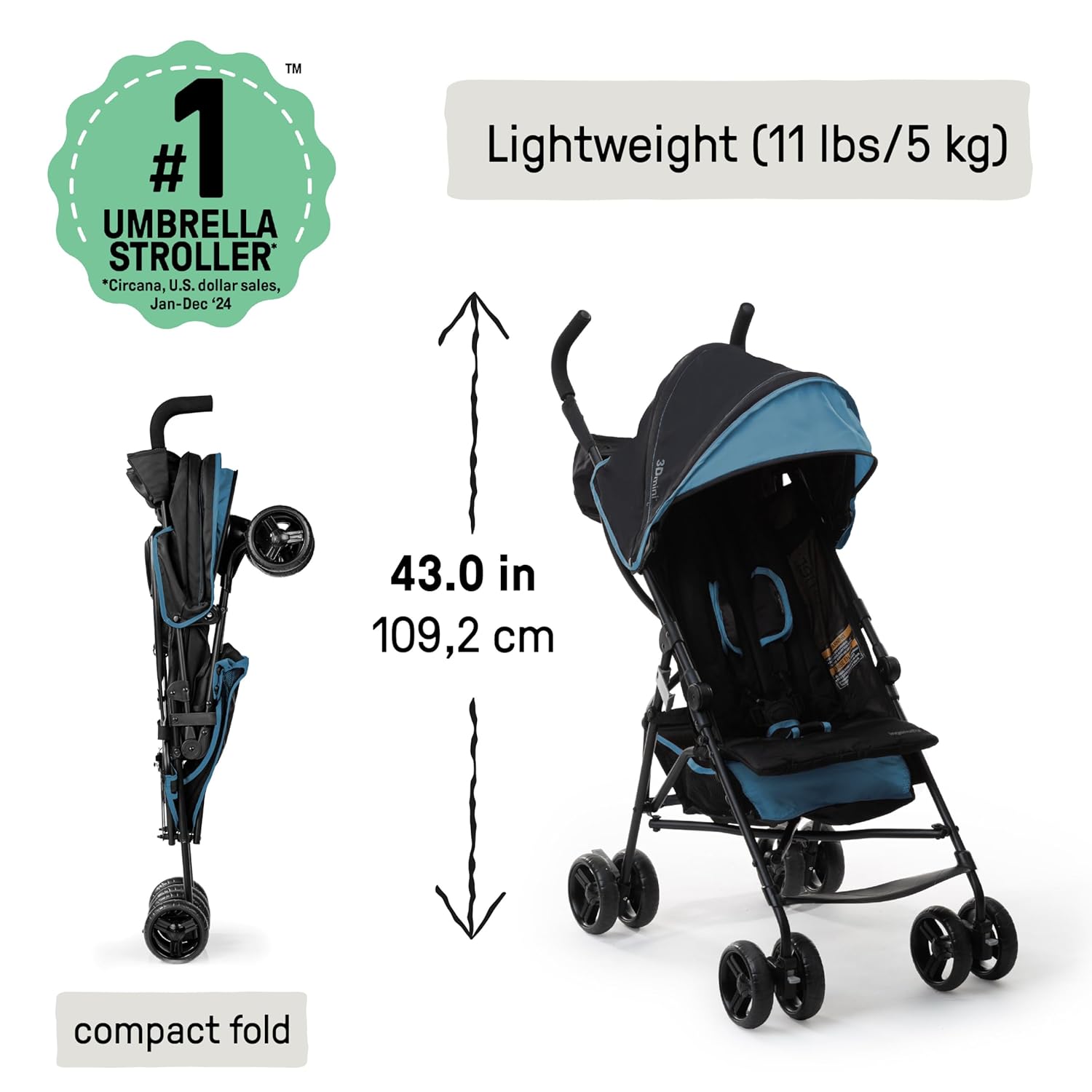 Ingenuity 3D Mini Convenience Stroller – Lightweight Stroller with Compact Fold, Multi-Position Recline, Canopy with Pop Out Sun Visor – Umbrella Stroller for Travel & More, Blue/Black - Image 3