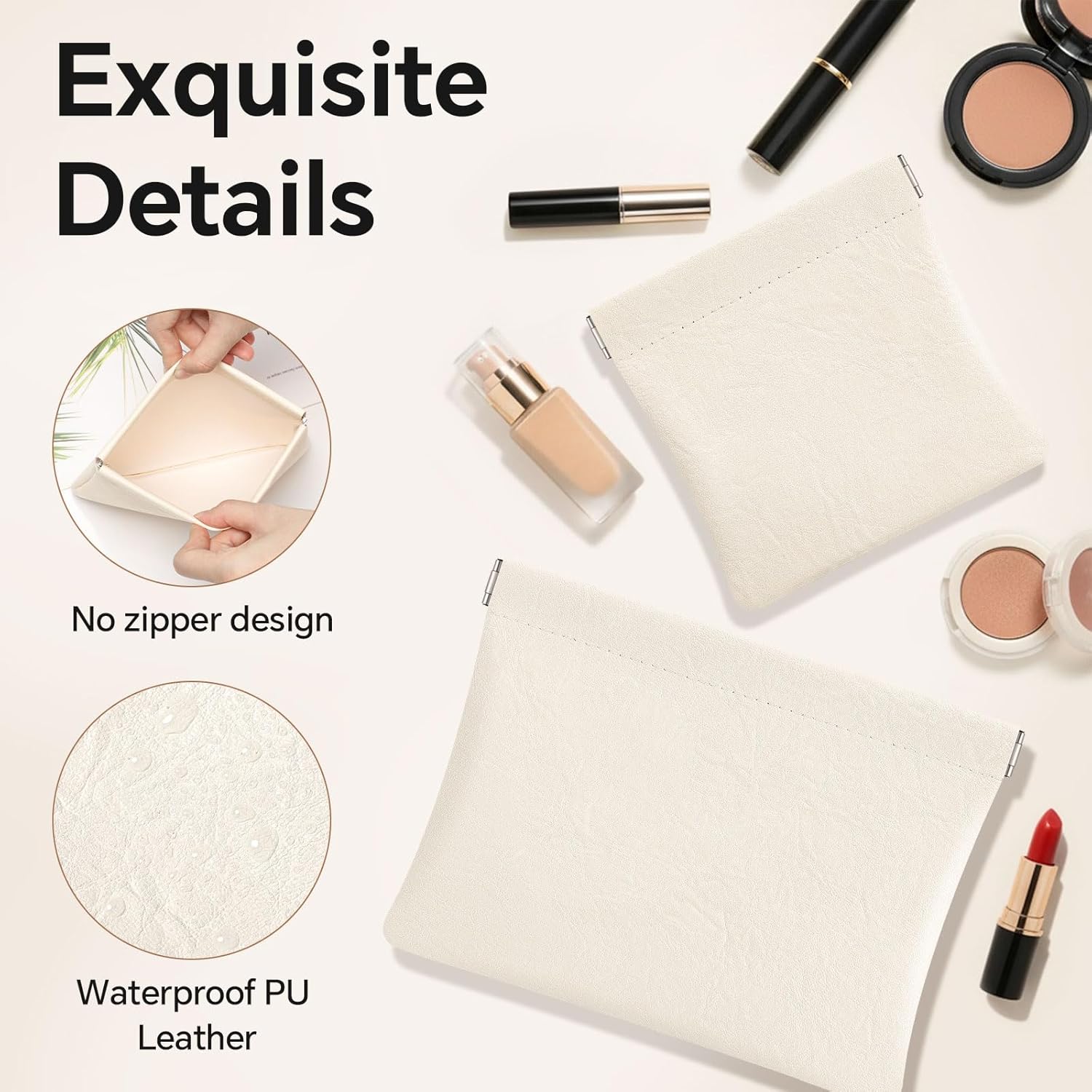 Sightor 2 PCS Small Makeup Bag for Women, Small Pouches for Purse Mini Cosmetic Bag Waterproof Pouch Travel Storage Bag for Cosmetics Headphones Jewelry Coins (Beige) - Image 4