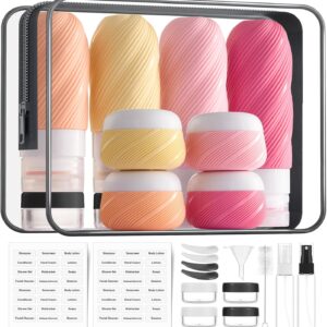 LitBear 23 Pack TSA Approved Travel Bottles for Toiletries, Leak Proof Refillable Travel Size Containers Kit with Silicone Squeezable Bottles Jars for Shampoo Lotion Conditioner, in Clear Bag, Pink